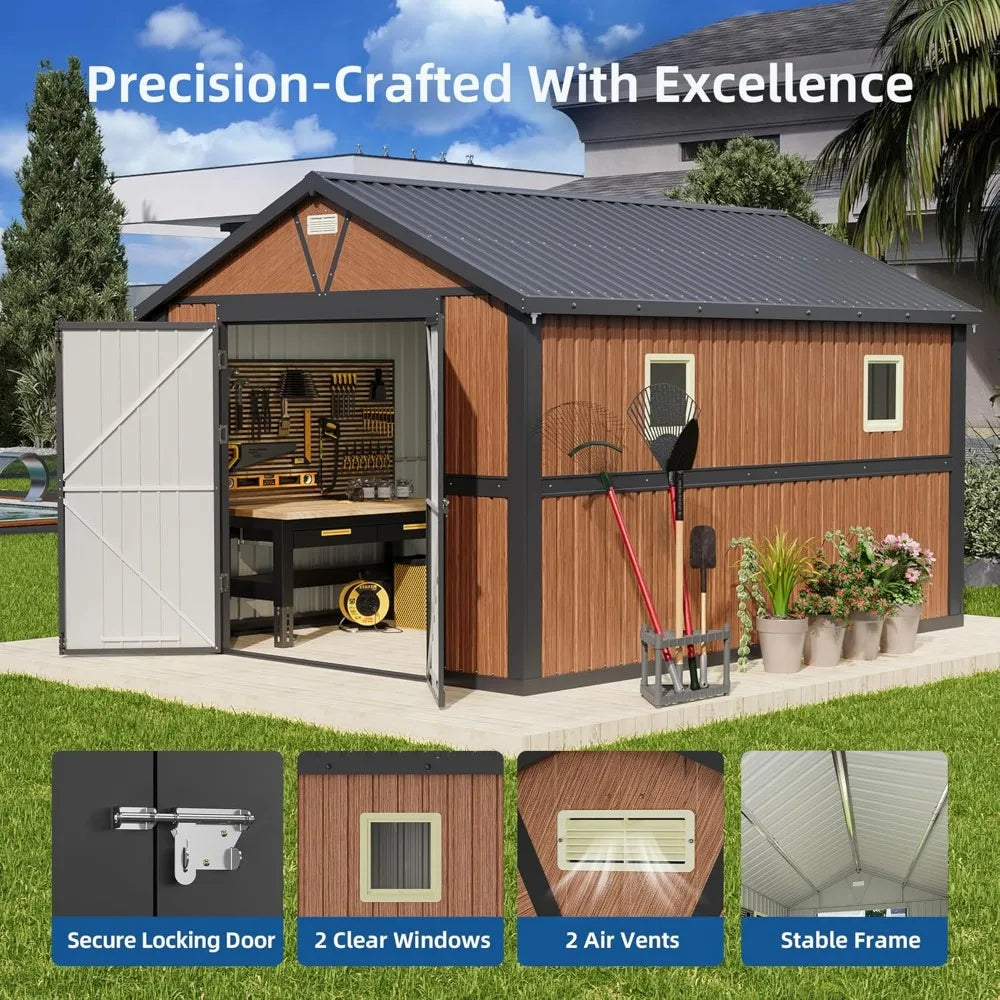 10x12FT Outdoor Storage Shed, Metal, Lockable Doors/ Windows, Large Tool Shed for Backyard, Patio