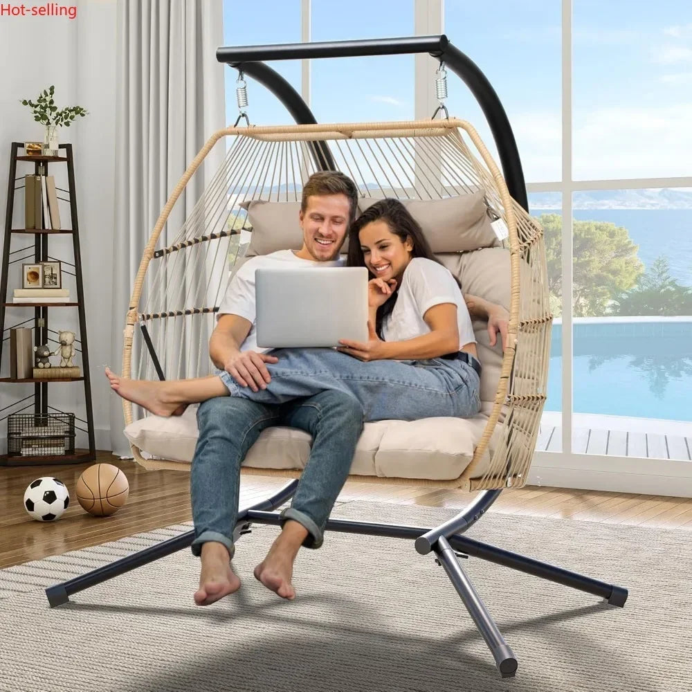 2 Person Hanging Egg Swing Chair,W/Stand, Wicker Indoor Outdoor Hammock, Cushions 550lbs, Patio