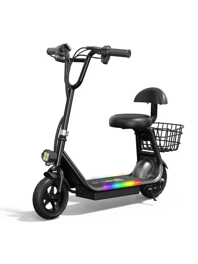 Kids E-Scooter, Blue tooth Speaker Foldable Design Seat, Basket LED Light Strip 11MPH Speed 132lbs
