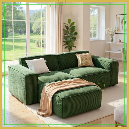 INDOOR-80" L-Shaped Modular Sofa, Corduroy,Deep Seats, High Back, No Assembly  (2-Seat, Green) otman