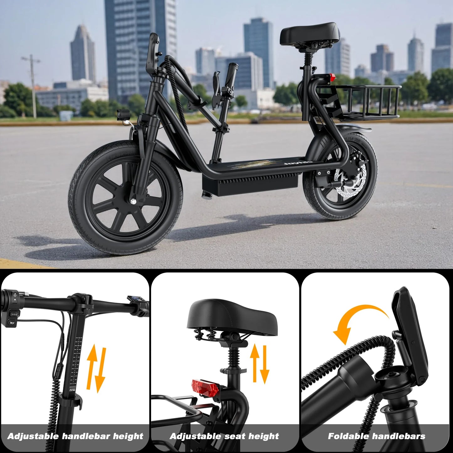 E-Scooter,w/Seat, Adult, 20MPH Speed Power by 500W Motor, 48V/10.4Ah Wider Deck & Height &basket