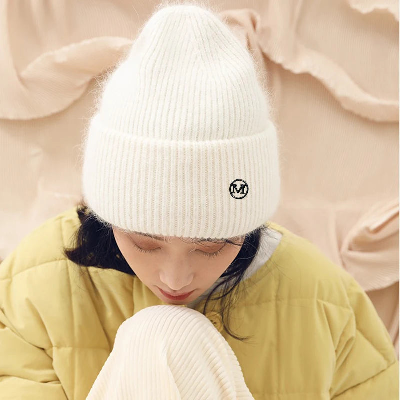 2024 Fluffy  Angora Hat Rabbit Fur Warm Winter Cashmere Wool Soft  Beanies Knitted Outdoor Female