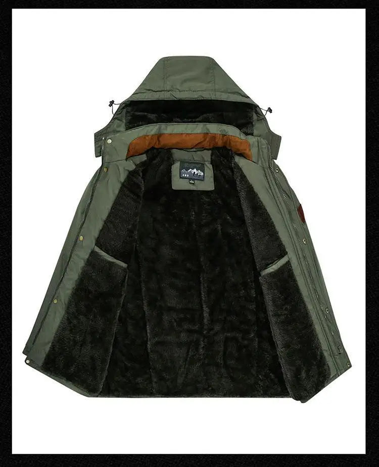 Men's Winter Jacket Fleece Linning Parka Coat Hooded Windbreaker Warm Big Size 6XL Multi-pocket