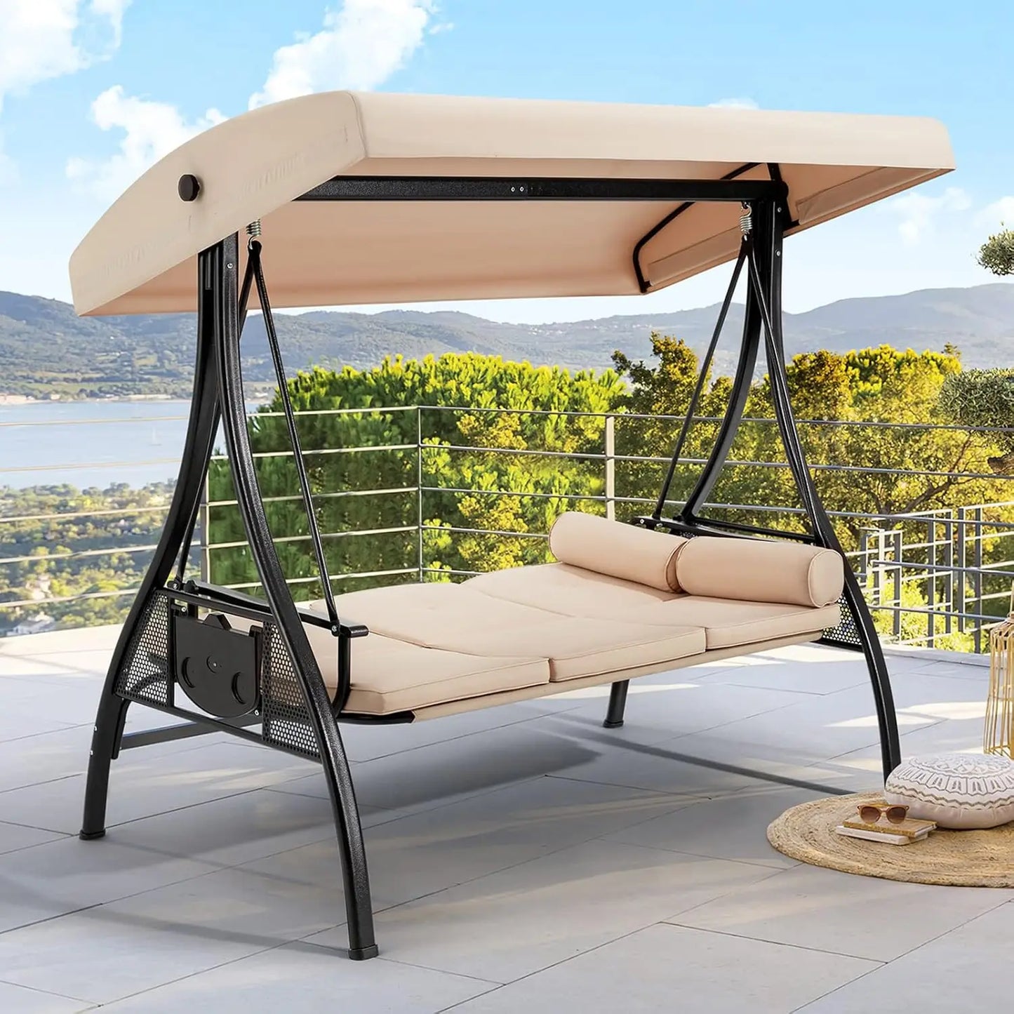 3 Person Outdoor Porch Swing,1.5" Upgraded Cup Holder, Adjust Canopy, Backrest, Patio Swing Bed