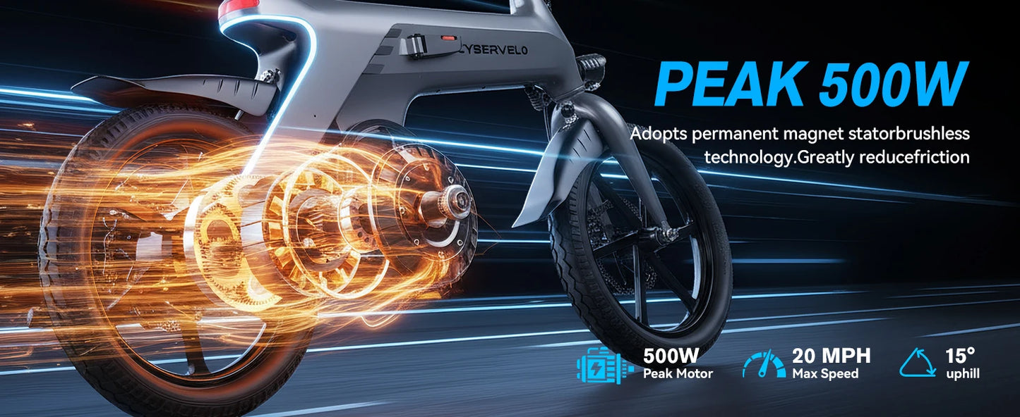 Cybervelo 500W Peak Motor, Foldable E-Bike,City 20MPH Ultra light weight Long Range Commuter