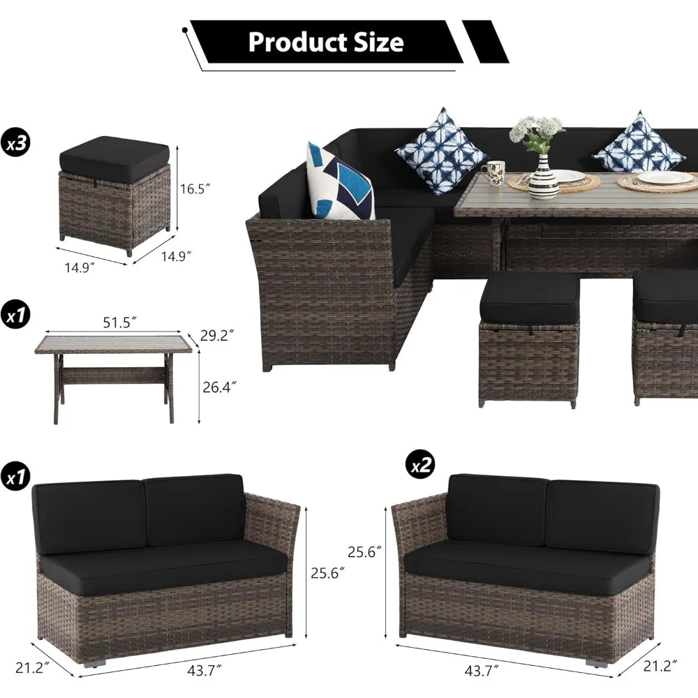 7 Piece Patio Set, Outdoor PE Wicker Rattan, Dining Table, Chairs Set, Patio Conversation Sofa patio