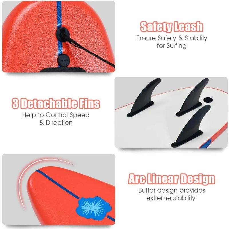 Surfboard,6FT Stand Up Paddle Board, Removable Fins & Safety Leash,Non-Slip Board,Teen,Adult,Begin