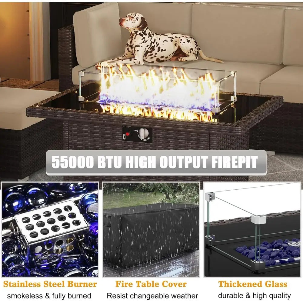 7-Piece Outdoor Patio Furniture Set, Fire Pit, Rattan Wicker Sofa Sectional, and Coffee Table