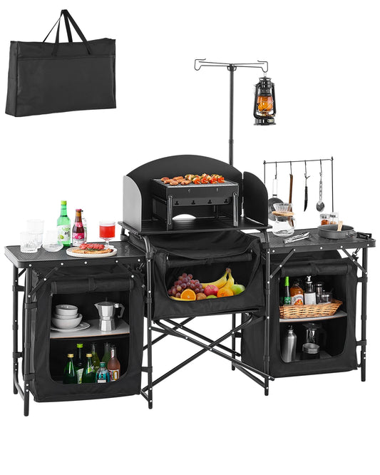Camp Kitchen Table Aluminum Portable Cook Station, 3 Storage Cupboard Carrying Bag Quick Set-up