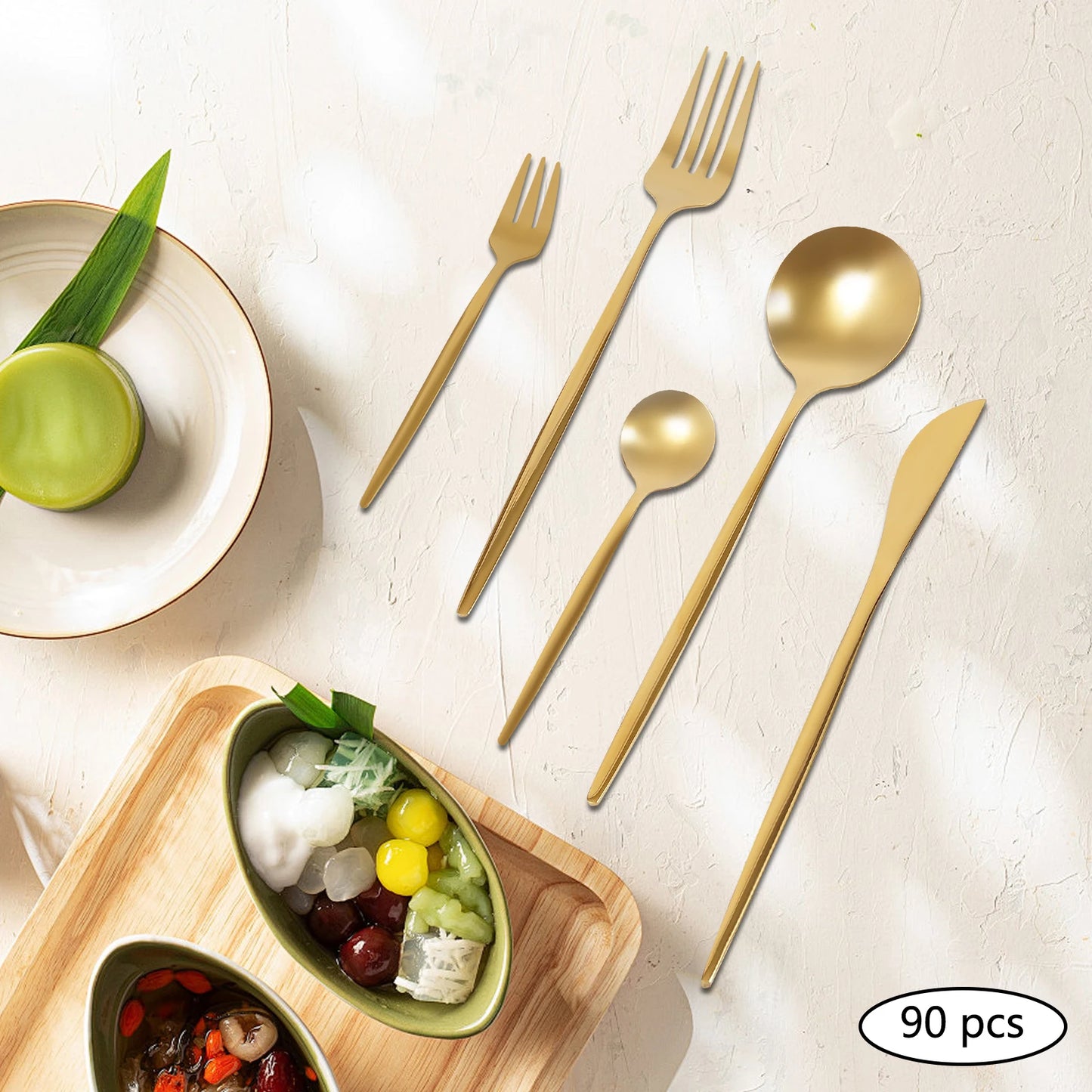 90 Pcs Gold Flatware Set Stainless Steel Utensil Kitchen Tableware Forks Knives Spoons Cutlery