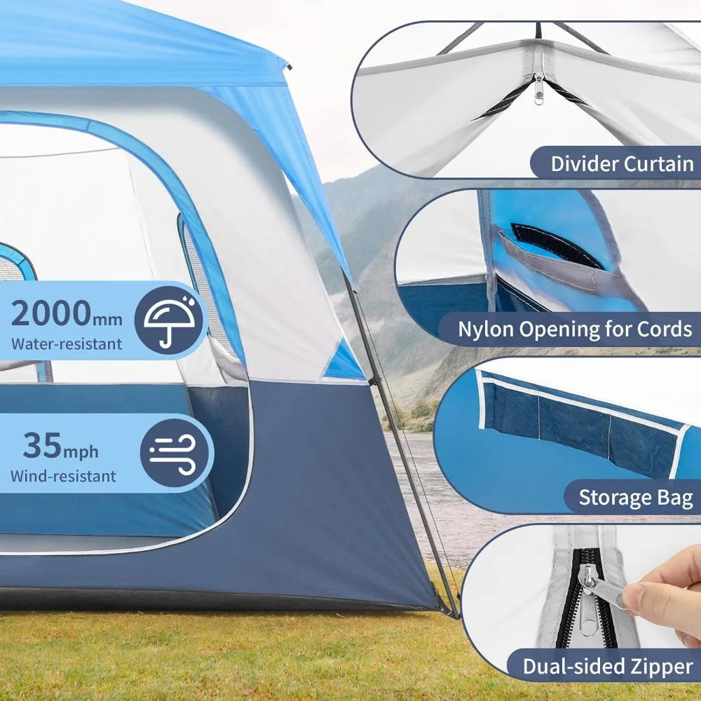 8/10 Person Camping Tent, Large 2 Room, Weatherproof Instant Cabin, Rainfly & Carry Bag for Backpack