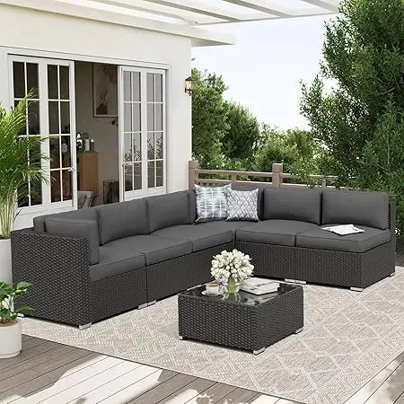 7-Piece Outdoor Patio Furniture Sofa Set Black Rattan Wicker Sectional Conversation Sets with Glass Top Table and Cushions(Red)
