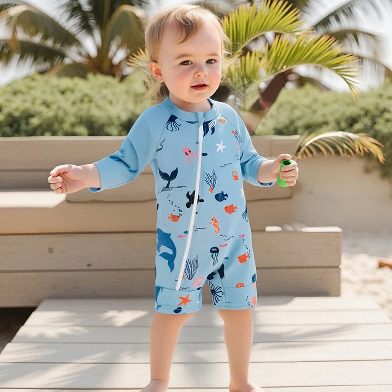 Toddler Boy UV Protection Rash Guard Swimsuit Set with Long Sleeve Zip Animal Print