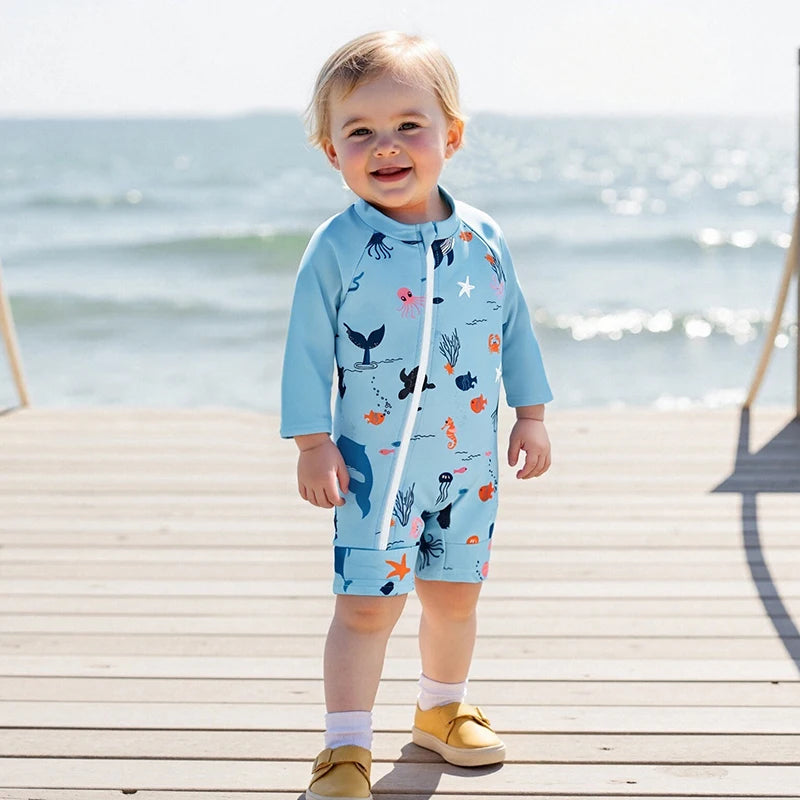 Toddler Boy UV Protection Rash Guard Swimsuit Set with Long Sleeve Zip Animal Print