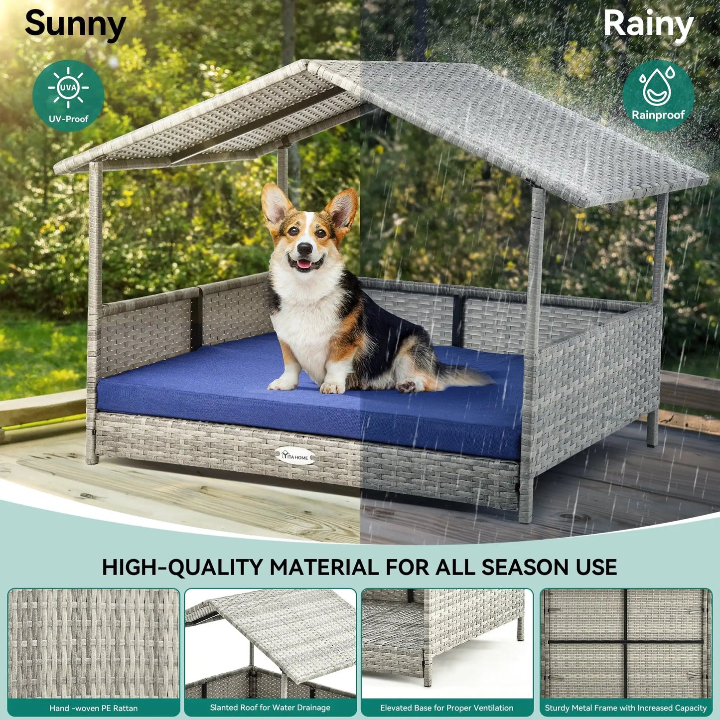 32.9in Outdoor Rattan Doghouse, Canopy, Elevated Water-Resistant, Blue Cushion for Small, Medium,