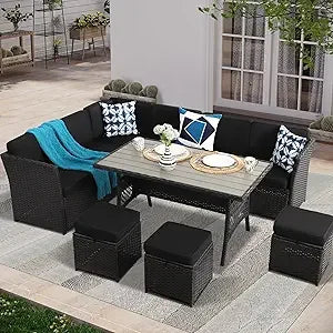 7 Piece Patio Set, Outdoor PE Wicker Rattan, Dining Table, Chairs Set, Patio Conversation Sofa patio