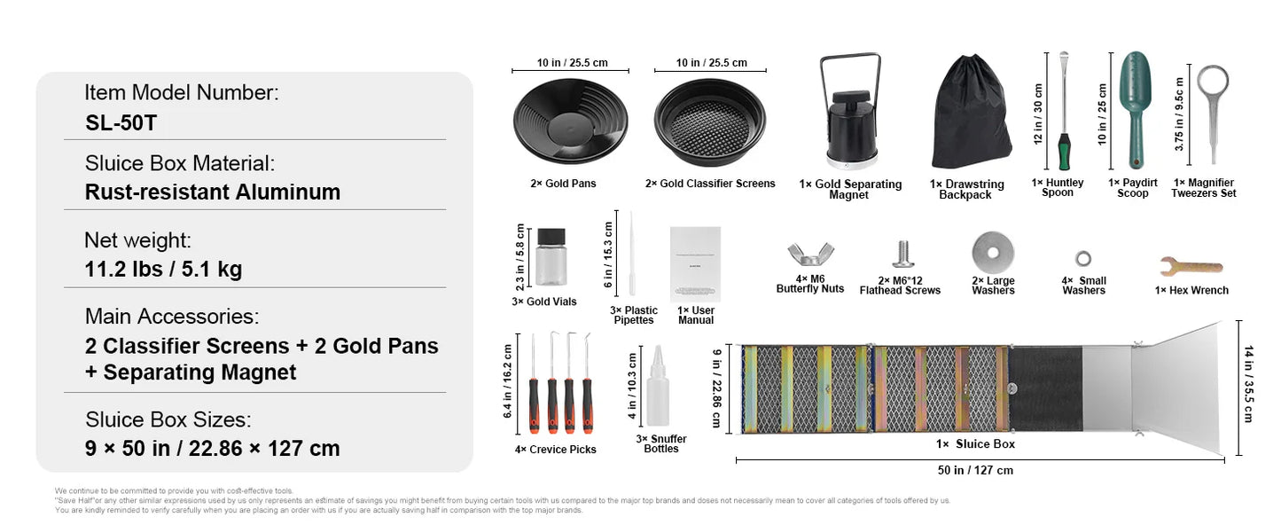 50" 12" Complete Sluice Box Gold Panning Kit Aluminum Alloy23/16 PCS Gold Prospecting Kit