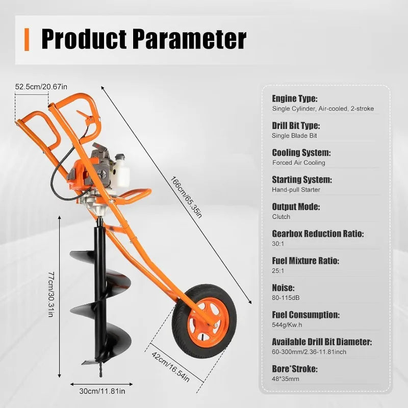63CC Post Hole Digger Gas Powered 2.2kw Earth Auger Borer Ground Drill (Orange)
