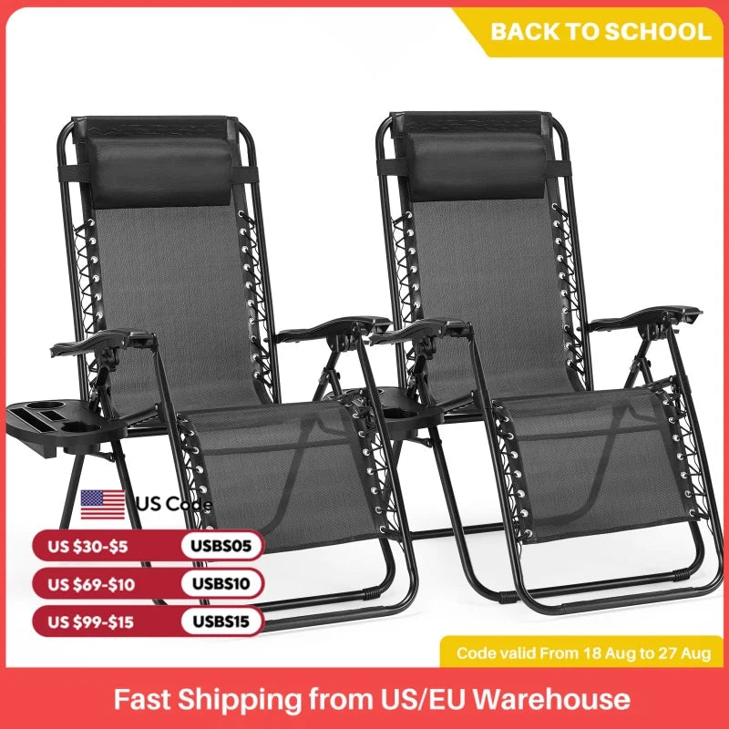 Zero Gravity Set 2 Portable Recliner Camping Patio Outdoor Chair,Cup Holder Trays Adjustable Pillow