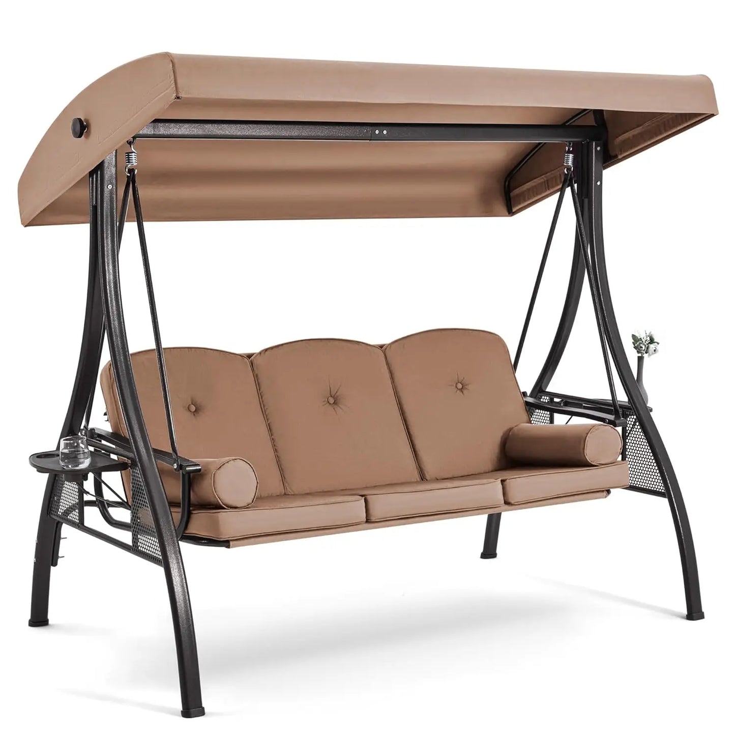 3 Person Outdoor Porch Swing,1.5" Upgraded Cup Holder, Adjust Canopy, Backrest, Patio Swing Bed