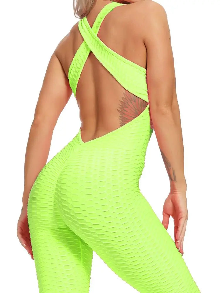 Women Jumpsuit Sleeveless Backcross Short Bodysuit Jacquard Backless Workout