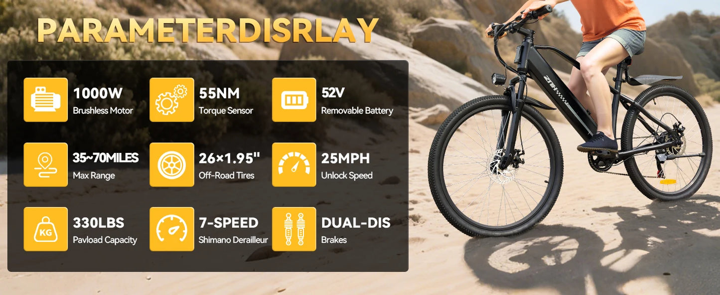 E-Bicycle, Adults,1000W Peak Motor,48V Removable Battery,20MPH,26" Tire E-Bike, 7-Speed,50 Miles