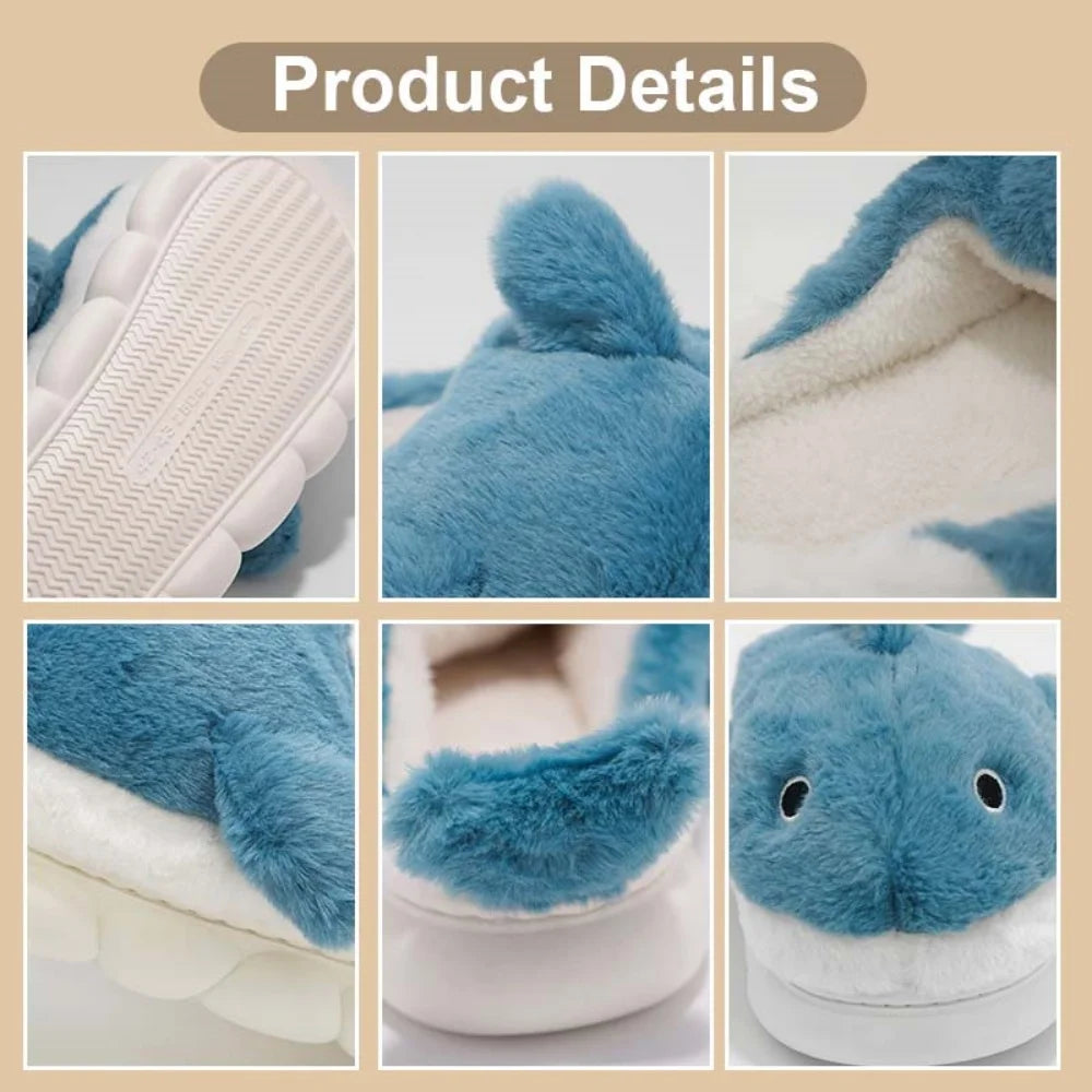 Soft Plush Sharky Slides For Wome&Men,Whale Shark Anti-Skid Winter Cute Couple House Slippers