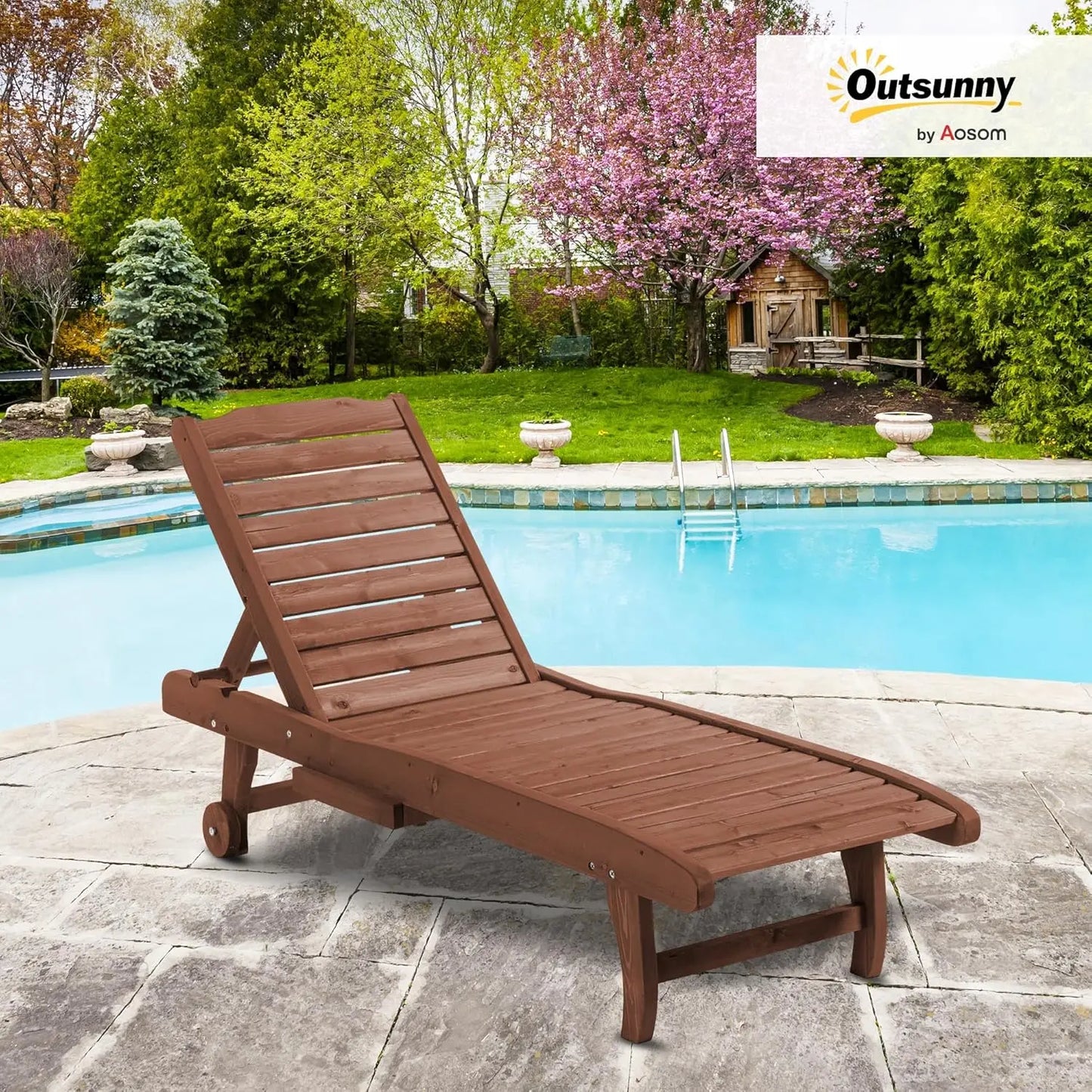 Adjust Chaise wooden Lounge Built-in Table & Wheels, Outdoor Poolside Sunbathing, Brown Red