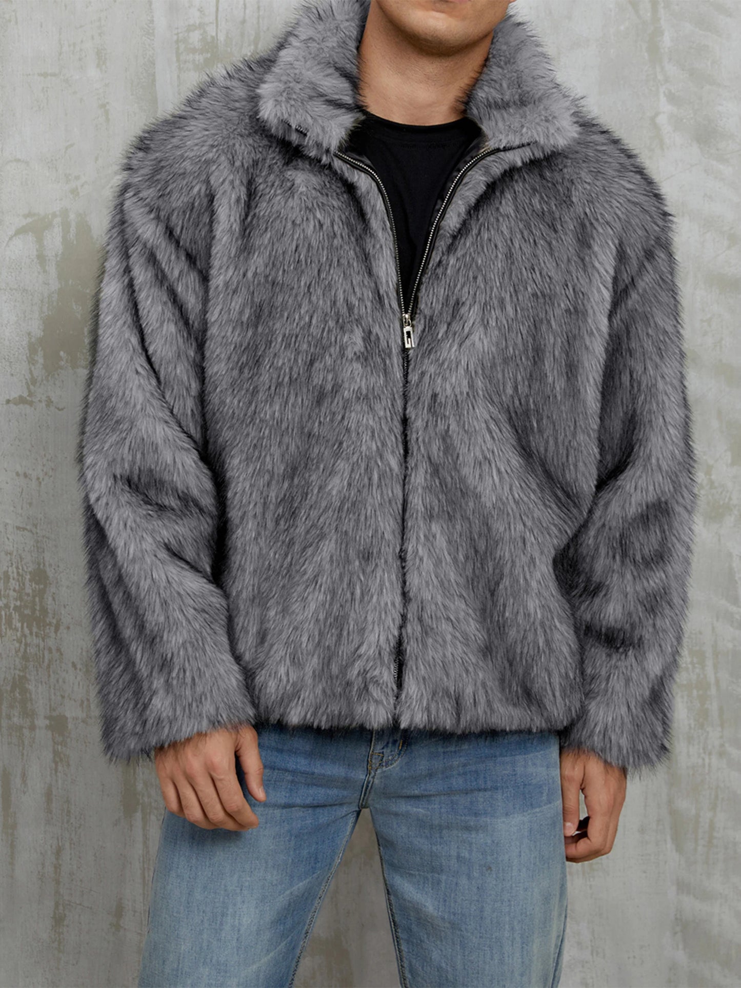 Men s Faux Fur Jacket Winter Thick Long Sleeve Stand Collar Loose Zip Up Warm Outwear Windbreaker