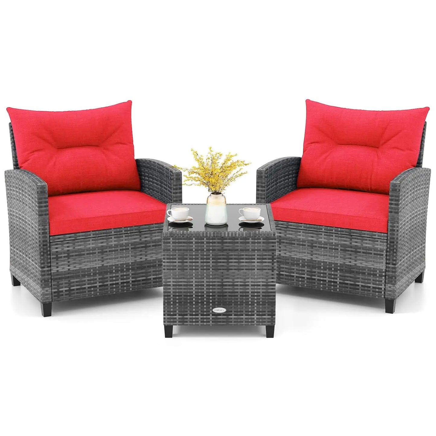 3 Piece Furniture Set, Outdoor Rattan Conversation Set Washable Cushions & Tempered Glass Tabletop