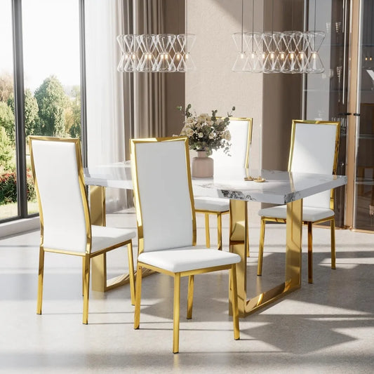 Modern Dining Chairs Set of 4 White Faux Leather w/Chrome,Curved High Back, Cloud Cushioning, Mid-Ce