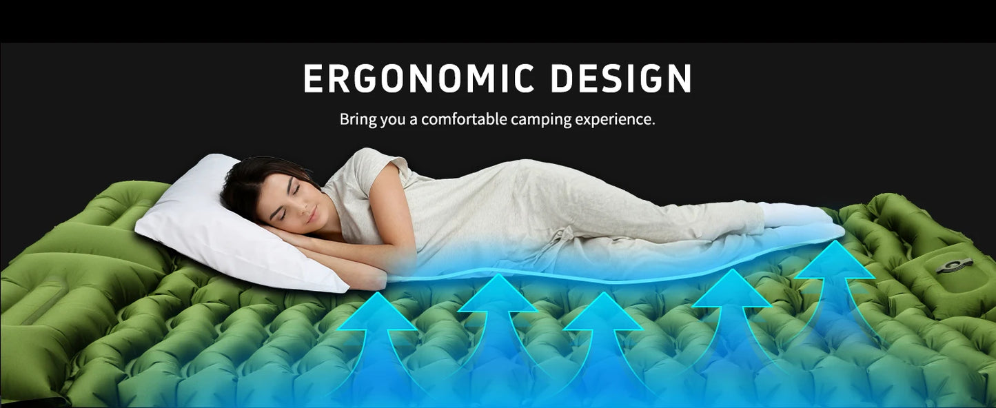 Double Sleeping Pad 4" Thick for 2 Person, Pillow Built-in Foot Pump Inflatable Backpacking Hiking