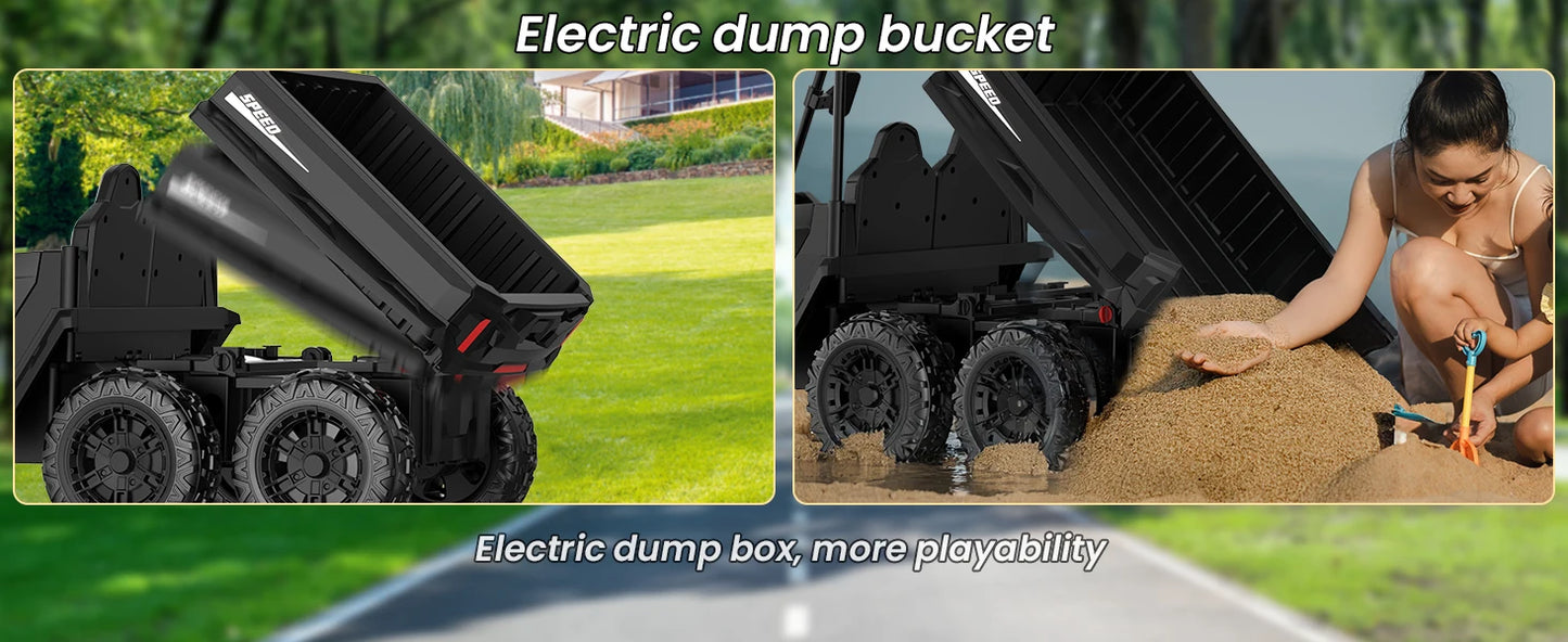 24V Kids Ride on Toys, 2 Seater Car Truck w/Sun Shade, Dump Bed & Shovel, 4WD Electric Ride