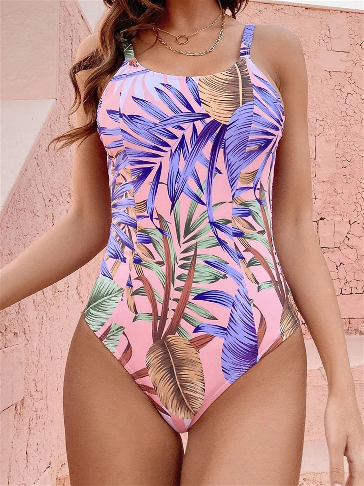 Women s Tropical Print Sleeveless Romper Swimsuit with Cutout Detail and Adjustable Straps