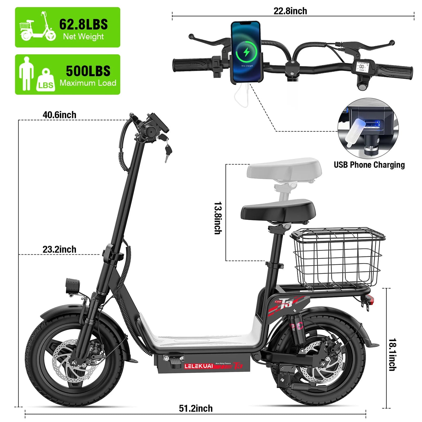 E-Bike, 500W48V15AH, 30MPH 14 inch E-Bike, 500lbs Load-bearing Multiple Shock Absorbers, Basket
