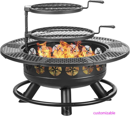 36 Inch Fire Pit,2 Cooking Grills,Outdoor Wood Burning BBQ Firepit with Lid, 3-in-1 Fire Pit