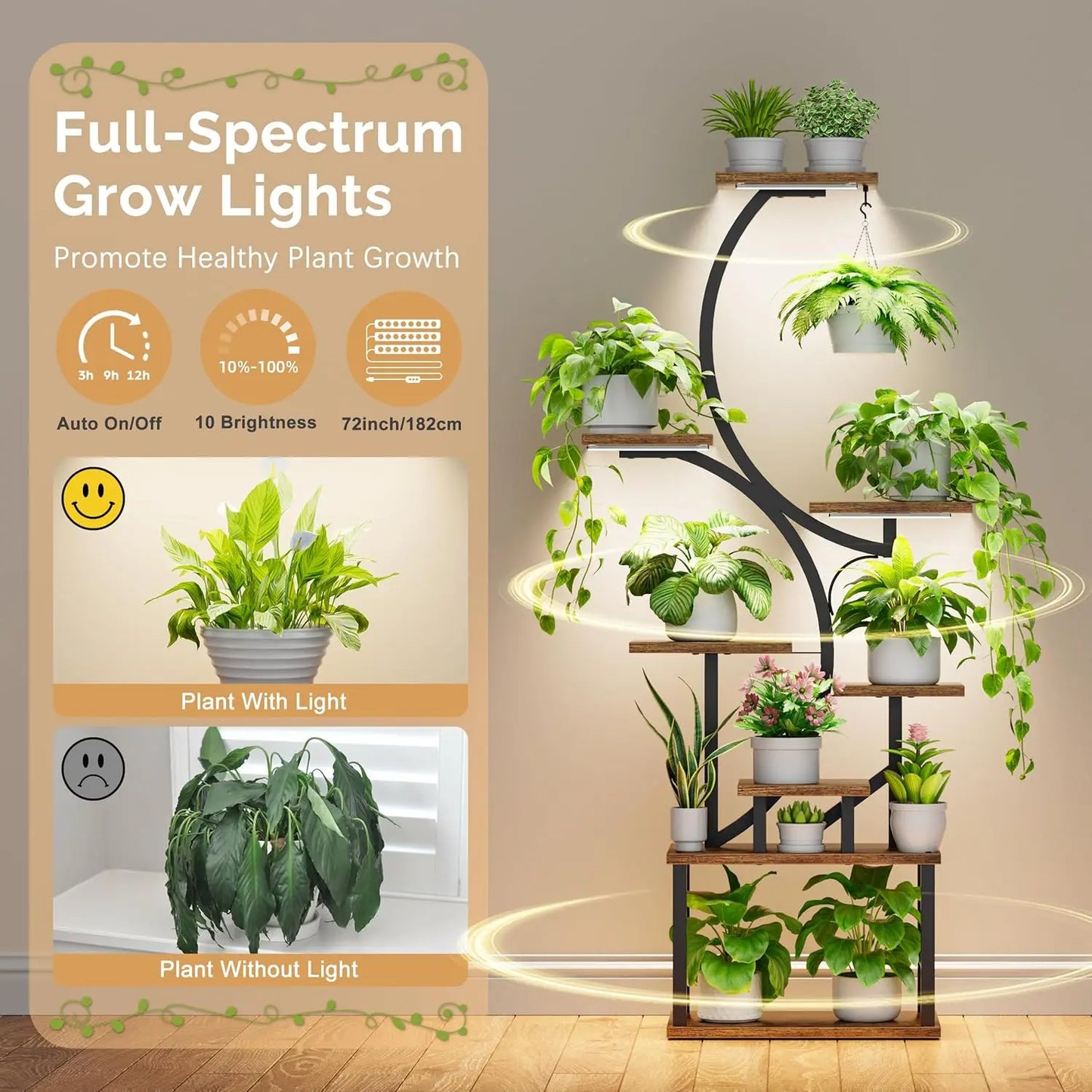 Indoor Plant Stand Grow Lights 62 Inch Tall, 8 Tier Lighted Corner Shelf  Plants,flowers