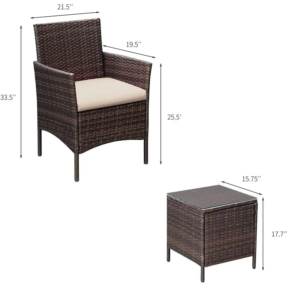3-Piece Outdoor PE Rattan Patio Furniture Set with Cushions and Glass Coffee Table, Brown & Beige