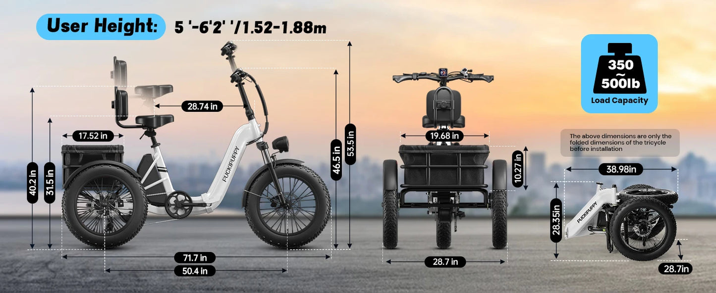 Husky Electric Trike, Adult 960W Peak Motor 60 Miles Range, 500 Lbs Load E-Trike 2-Year Warranty