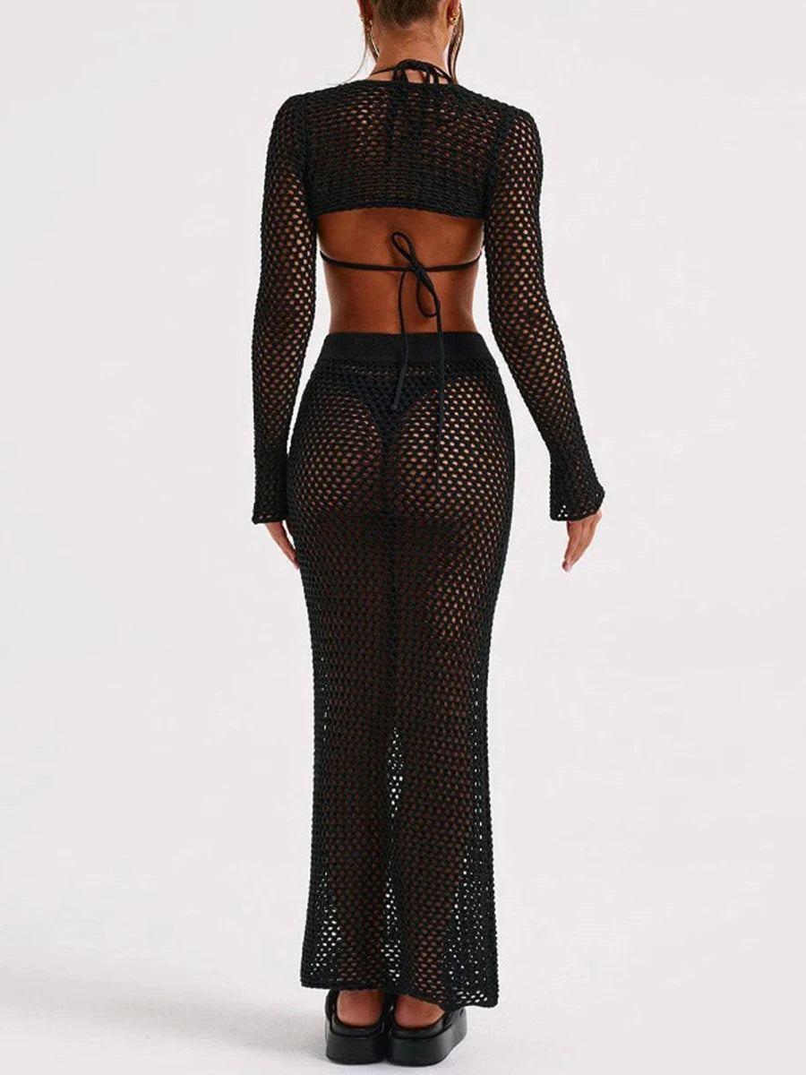 Women s 2 Piece Swimsuit Set Long Sleeve Shrug Tops Elastic Waist Beach Cover Up Skirt Outfits r