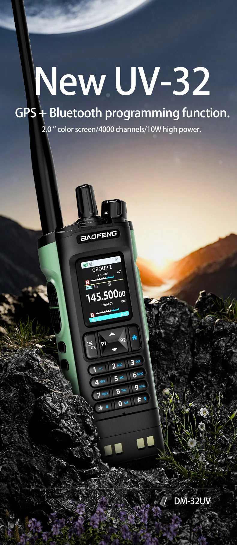 New UV-32 Walkie GPS 10W Bluetooth APP Prog,Multi Band Wireless Copy Freq.Type-C UV32 Ham 2 Way