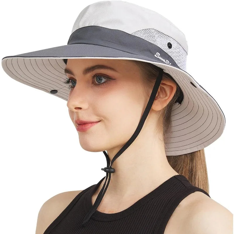 Ponytail sun hat for women with wide brim UPF 50+ fishing and beach