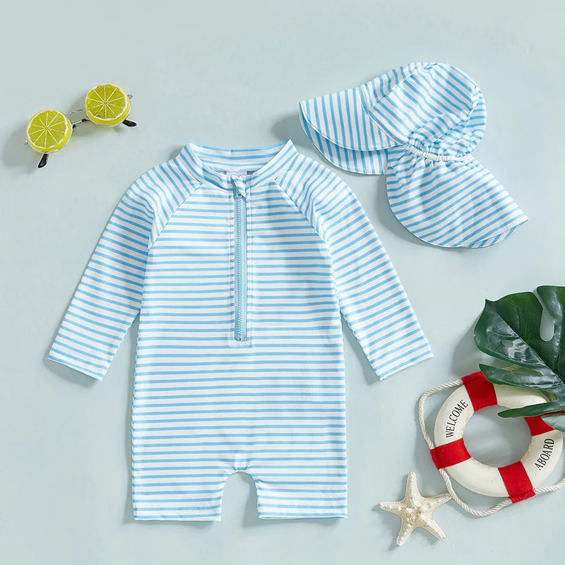 Infant Boys Girls Sun Protection Swimwear Set,Hat 2 Piece UV Rash Guard Zip Long Sleeve Crew Neck