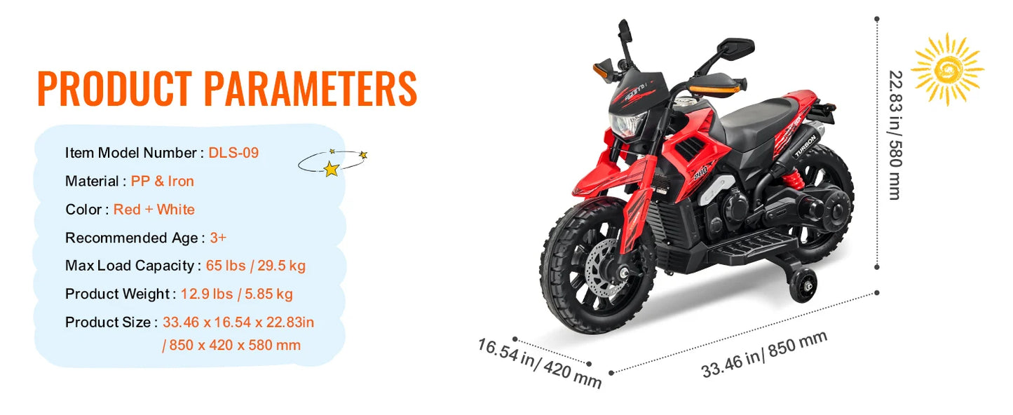 12V Children's E-Car Kids Ride On Motorcycle, Detachable Wheel Headlight Music Bluetooth,Boys Gifts