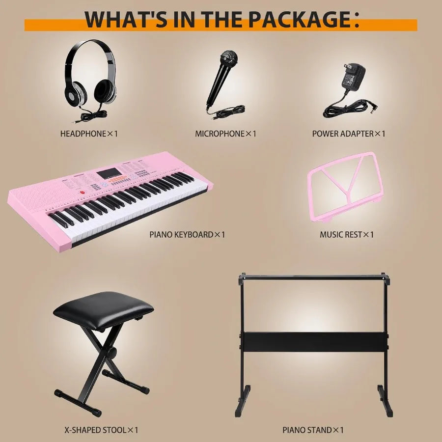 Portable61Key Elect Keyboard Piano,Stand,LED Disp.Adjust-Height Stand/Stool Include Headph Microphon