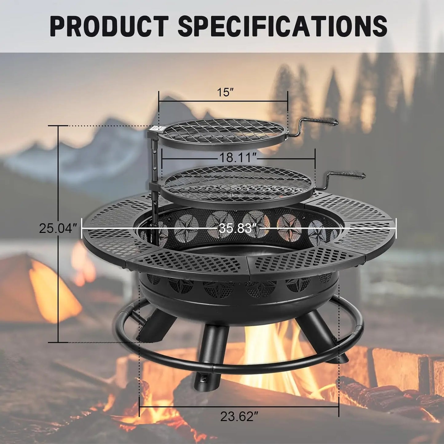 36 Inch Fire Pit,2 Cooking Grills,Outdoor Wood Burning BBQ Firepit with Lid, 3-in-1 Fire Pit