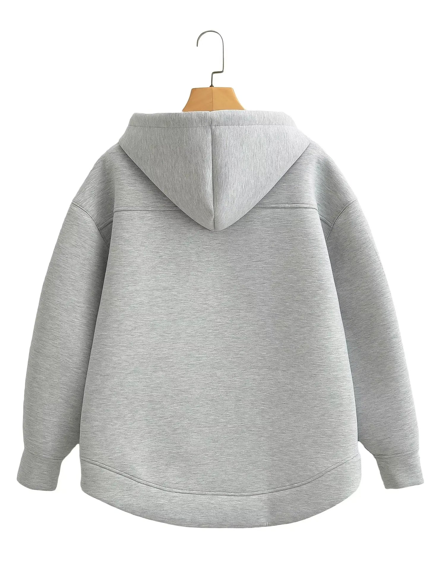 Autumn Women Gray Jacket, Hood Long Sleeve Big Pocket Zipper Woman Loose Casual Outerwear Coat Tops