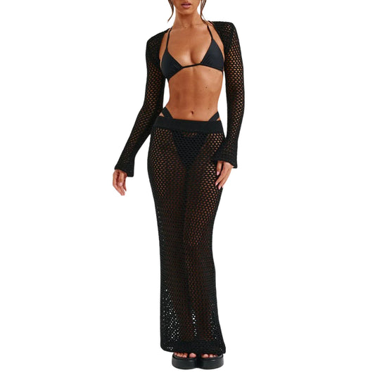 Women s 2 Piece Swimsuit Set Long Sleeve Shrug Tops Elastic Waist Beach Cover Up Skirt Outfits r