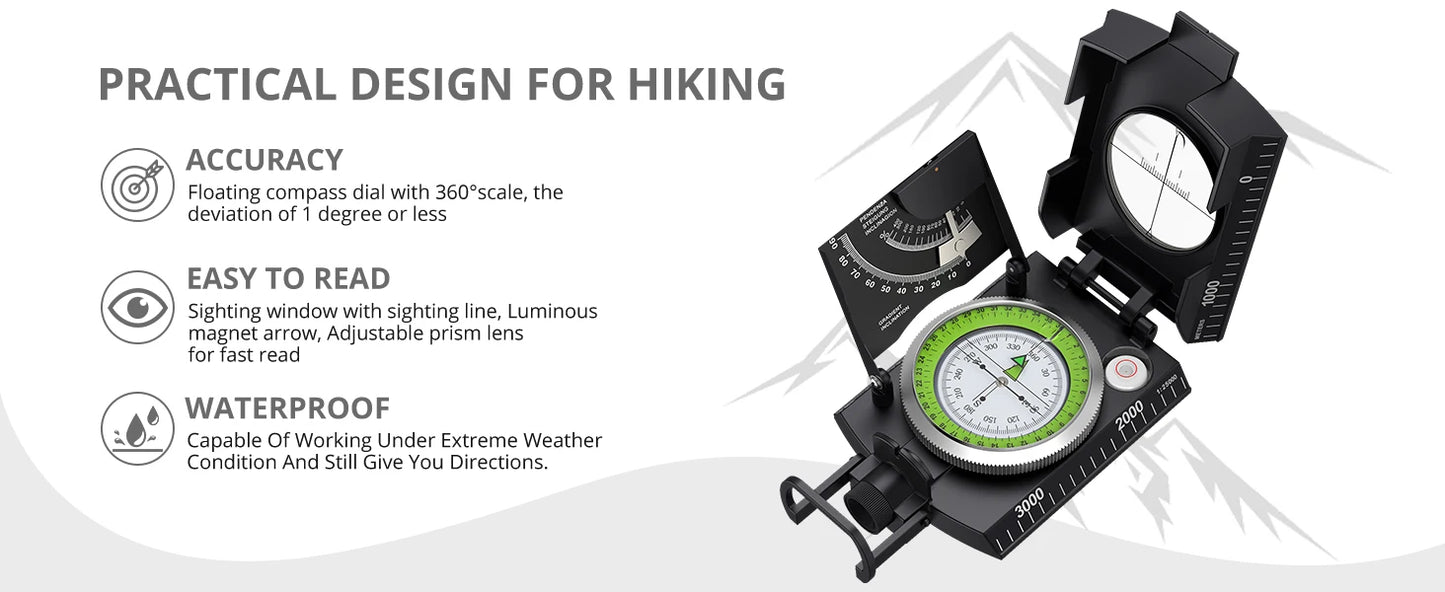 Waterproof Compass Hiking, Fluorescent Scale, Compass Navigation,Clinometer & Carry Bag Militar