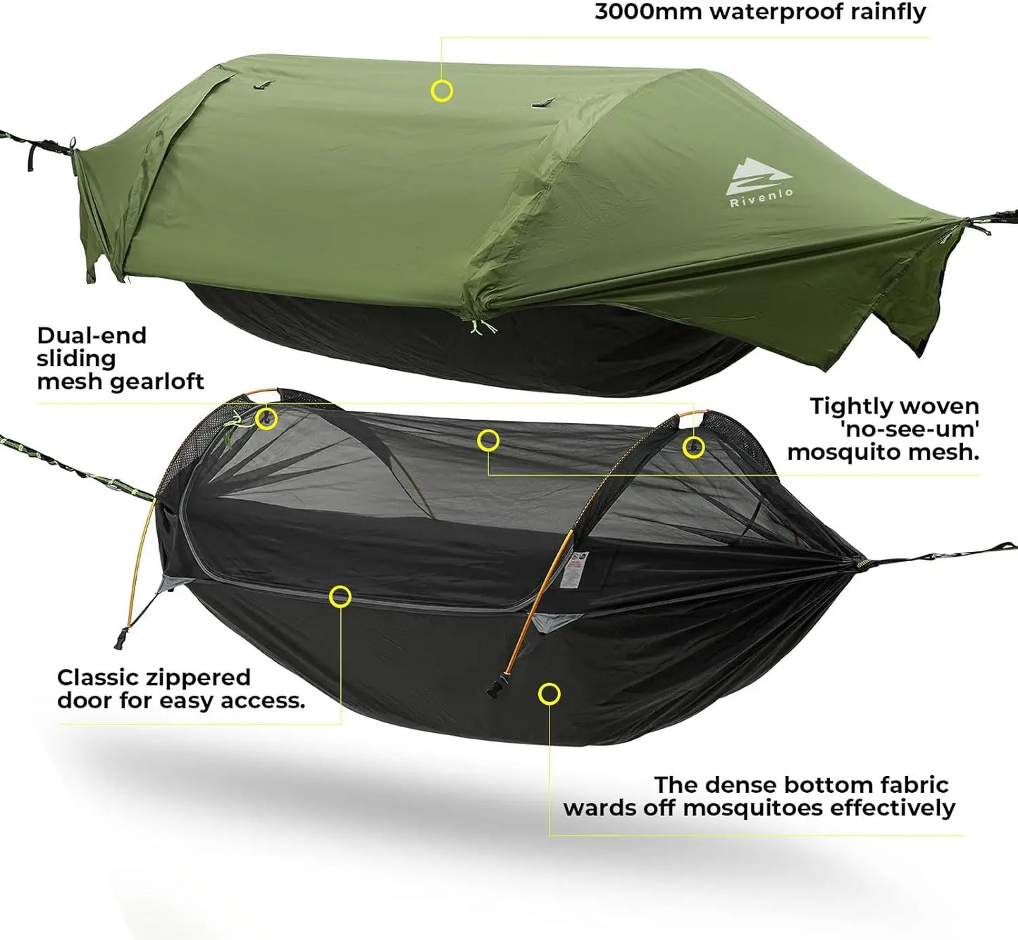 Camping Hammock Tent, Mosquito Net,RainFly, 3 in 1 Waterproof Lightweight Portable Sleeping Hammock